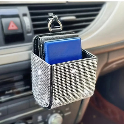 1pc Car Air Vent Organizer, Car Coin Holder, Rhinestone Car Air Vent Leather Pocket, Universal Car Accessory Shiny Car Small Bag With Hook, Suitable For Fashion Glasses, Keys, Coins