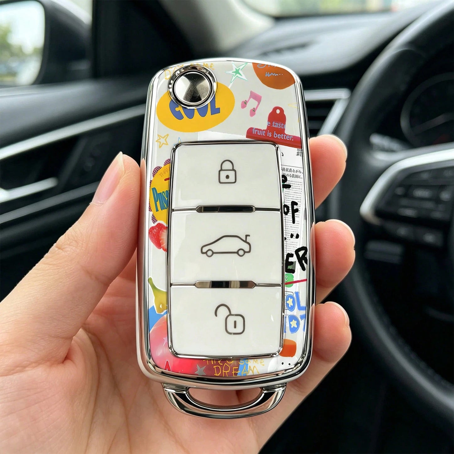 1pc Car Key Case-Chic Print,Suitable For Jetta Mk6, Polo Mk5, Golf Mk6, Tiguan Mk1, Passat B7, Passat NMS, Caddy Mk3, Beetle, Amarok, Touran Mk1. Advanced Soft-Touch, Does Not Block Signal, Unisex.