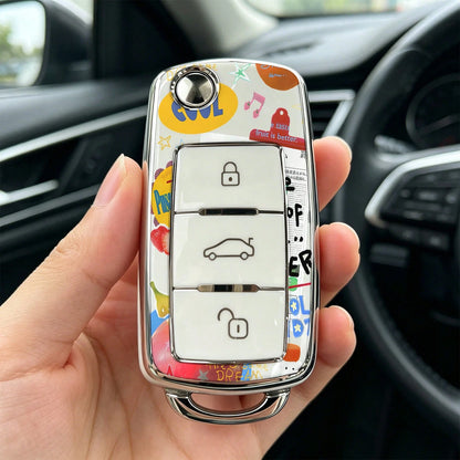 1pc Car Key Case-Chic Print,Suitable For Jetta Mk6, Polo Mk5, Golf Mk6, Tiguan Mk1, Passat B7, Passat NMS, Caddy Mk3, Beetle, Amarok, Touran Mk1. Advanced Soft-Touch, Does Not Block Signal, Unisex.