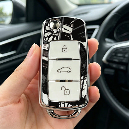 1pc Car Key Case-Chic Print,Suitable For Jetta Mk6, Polo Mk5, Golf Mk6, Tiguan Mk1, Passat B7, Passat NMS, Caddy Mk3, Beetle, Amarok, Touran Mk1. Advanced Soft-Touch, Does Not Block Signal, Unisex.