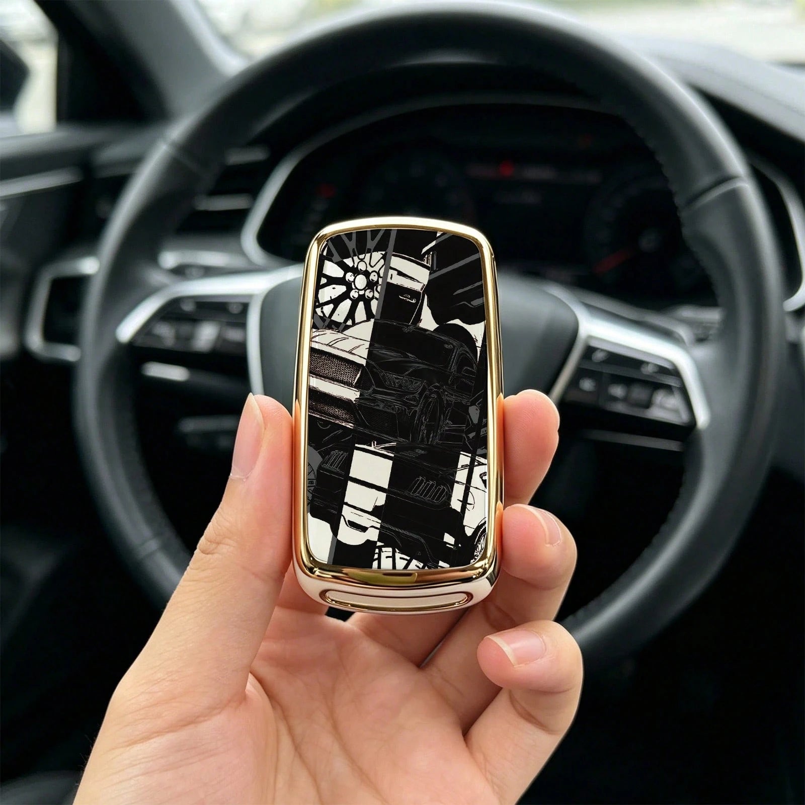 1pc Car Key Case-Chic Print,Suitable For Jetta Mk6, Polo Mk5, Golf Mk6, Tiguan Mk1, Passat B7, Passat NMS, Caddy Mk3, Beetle, Amarok, Touran Mk1. Advanced Soft-Touch, Does Not Block Signal, Unisex.