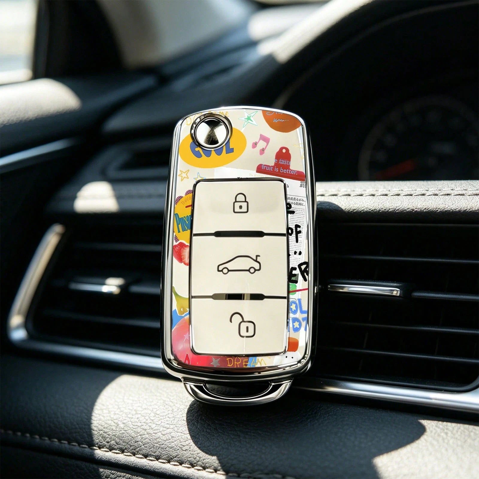 1pc Car Key Case-Chic Print,Suitable For Jetta Mk6, Polo Mk5, Golf Mk6, Tiguan Mk1, Passat B7, Passat NMS, Caddy Mk3, Beetle, Amarok, Touran Mk1. Advanced Soft-Touch, Does Not Block Signal, Unisex.