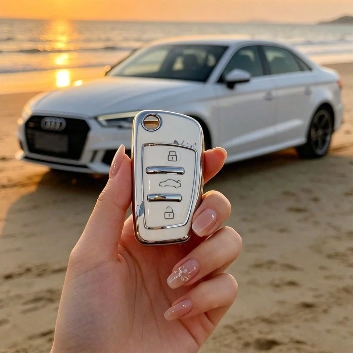 1pc Car Key Case-Vogue Print,Suitable For Audi A3 8P, A6 C6, Q3 8U, A1 8X, Q7 4L, TT 8J, R8 42.Advanced Soft-Touch, Does Not Block Signal, Unisex.