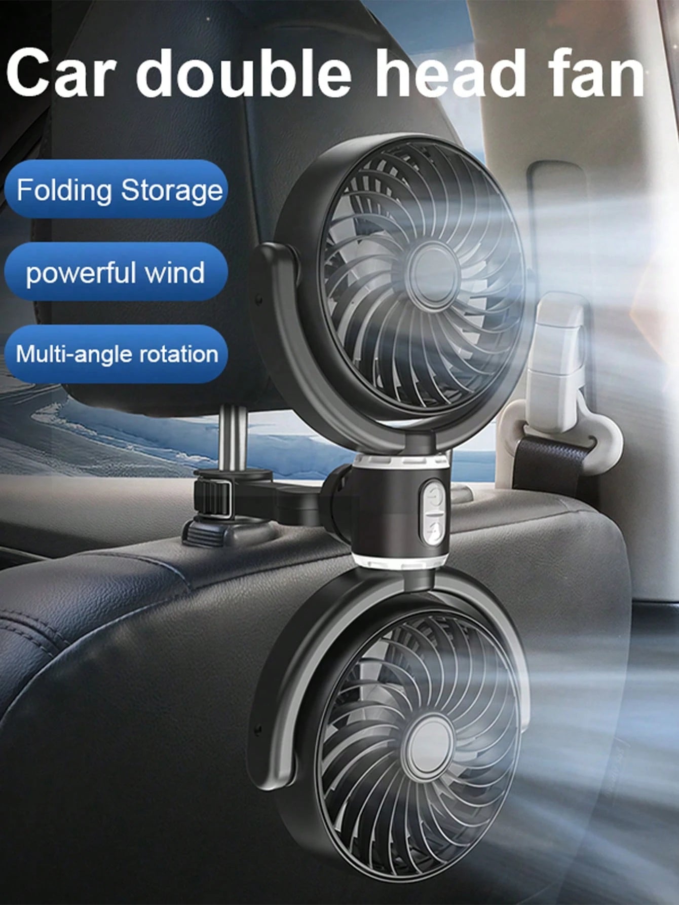 1pc Car Seat Fan, 360 Degree Rotatable Dual-Head Backseat Fan, Portable Fan For Backseat. 3-Speed Adjustable Fan To Enhance Air Circulation And Provide Cooling For Passengers Or Pets In Every Corner O