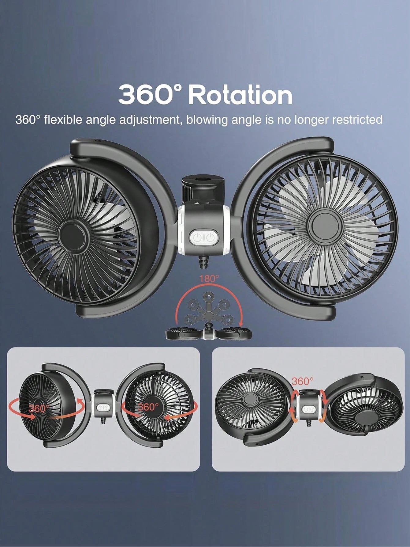 1pc Car Seat Fan, 360 Degree Rotatable Dual-Head Backseat Fan, Portable Fan For Backseat. 3-Speed Adjustable Fan To Enhance Air Circulation And Provide Cooling For Passengers Or Pets In Every Corner O