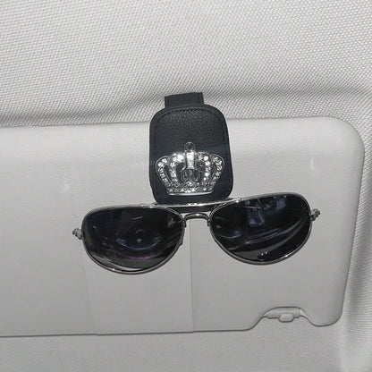 1pc Car Sun Visor Fashion Glasses Holder- Shiny Rhinestone, Crown Pattern, Fashion Glasses Holder And Card Clip Magnetic PU Leather- Car Sun Visor Accessory