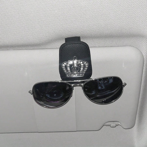 1pc Car Sun Visor Fashion Glasses Holder- Shiny Rhinestone, Crown Pattern, Fashion Glasses Holder And Card Clip Magnetic PU Leather- Car Sun Visor Accessory