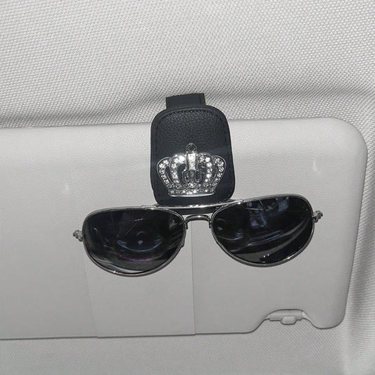 1pc Car Sun Visor Fashion Glasses Holder- Shiny Rhinestone, Crown Pattern, Fashion Glasses Holder And Card Clip Magnetic PU Leather- Car Sun Visor Accessory