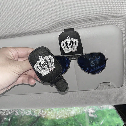 1pc Car Sun Visor Fashion Glasses Holder- Shiny Rhinestone, Crown Pattern, Fashion Glasses Holder And Card Clip Magnetic PU Leather- Car Sun Visor Accessory