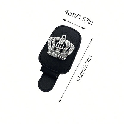 1pc Car Sun Visor Fashion Glasses Holder- Shiny Rhinestone, Crown Pattern, Fashion Glasses Holder And Card Clip Magnetic PU Leather- Car Sun Visor Accessory