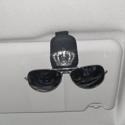 1pc Car Sun Visor Fashion Glasses Holder- Shiny Rhinestone, Crown Pattern, Fashion Glasses Holder And Card Clip Magnetic PU Leather- Car Sun Visor Accessory