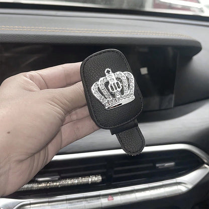 1pc Car Sun Visor Fashion Glasses Holder- Shiny Rhinestone, Crown Pattern, Fashion Glasses Holder And Card Clip Magnetic PU Leather- Car Sun Visor Accessory