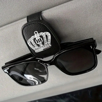 1pc Car Sun Visor Fashion Glasses Holder- Shiny Rhinestone, Crown Pattern, Fashion Glasses Holder And Card Clip Magnetic PU Leather- Car Sun Visor Accessory