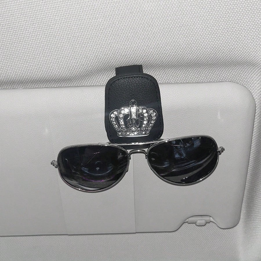 1pc Car Sun Visor Fashion Glasses Holder- Shiny Rhinestone, Crown Pattern, Fashion Glasses Holder And Card Clip Magnetic PU Leather- Car Sun Visor Accessory