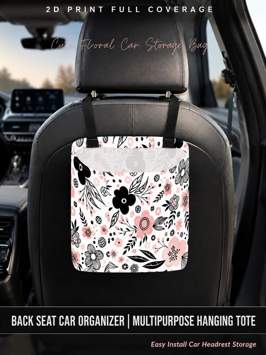 1pc Car Trash Bag, Hanging Car Garbage Storage Bag- Pink And Black Floral Simple Cute Pattern, Kitchen Camping Trash Can, Women's Car Accessories, Car Interior Trash Organizer, Foldable Car Decorativ
