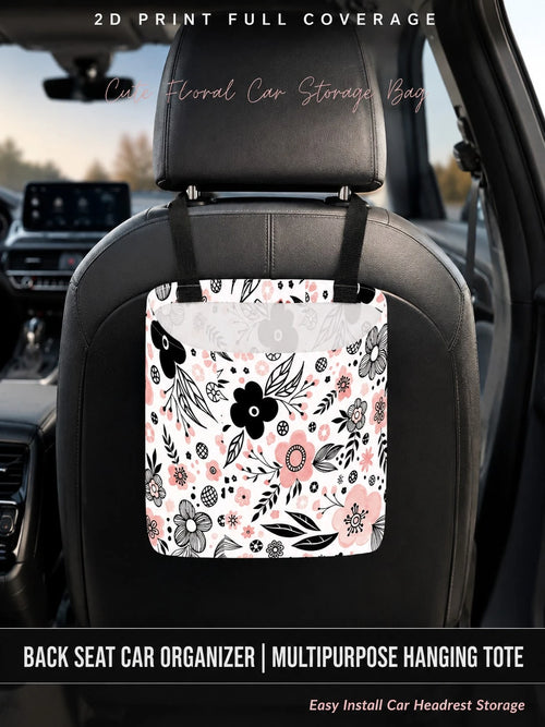 1pc Car Trash Bag, Hanging Car Garbage Storage Bag- Pink And Black Floral Simple Cute Pattern, Kitchen Camping Trash Can, Women's Car Accessories, Car Interior Trash Organizer, Foldable Car Decorativ