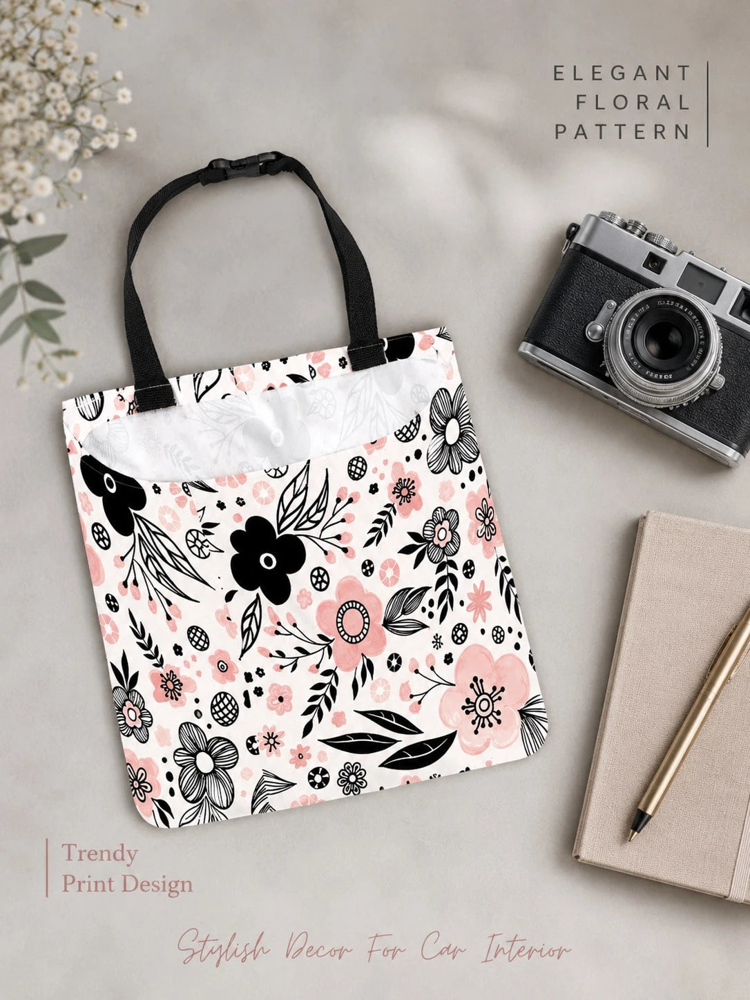 1pc Car Trash Bag, Hanging Car Garbage Storage Bag- Pink And Black Floral Simple Cute Pattern, Kitchen Camping Trash Can, Women's Car Accessories, Car Interior Trash Organizer, Foldable Car Decorativ