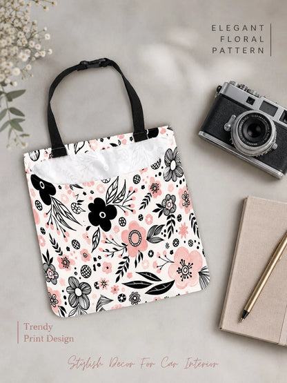 1pc Car Trash Bag, Hanging Car Garbage Storage Bag- Pink And Black Floral Simple Cute Pattern, Kitchen Camping Trash Can, Women's Car Accessories, Car Interior Trash Organizer, Foldable Car Decorativ