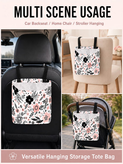 1pc Car Trash Bag, Hanging Car Garbage Storage Bag- Pink And Black Floral Simple Cute Pattern, Kitchen Camping Trash Can, Women's Car Accessories, Car Interior Trash Organizer, Foldable Car Decorativ