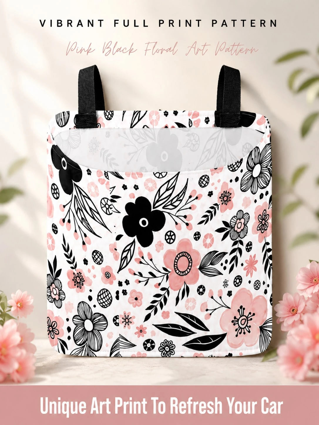 1pc Car Trash Bag, Hanging Car Garbage Storage Bag- Pink And Black Floral Simple Cute Pattern, Kitchen Camping Trash Can, Women's Car Accessories, Car Interior Trash Organizer, Foldable Car Decorativ