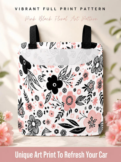 1pc Car Trash Bag, Hanging Car Garbage Storage Bag- Pink And Black Floral Simple Cute Pattern, Kitchen Camping Trash Can, Women's Car Accessories, Car Interior Trash Organizer, Foldable Car Decorativ