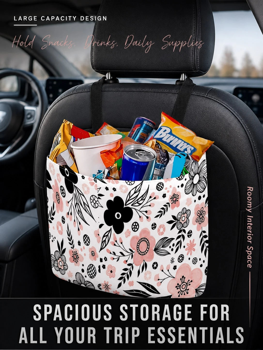 1pc Car Trash Bag, Hanging Car Garbage Storage Bag- Pink And Black Floral Simple Cute Pattern, Kitchen Camping Trash Can, Women's Car Accessories, Car Interior Trash Organizer, Foldable Car Decorativ