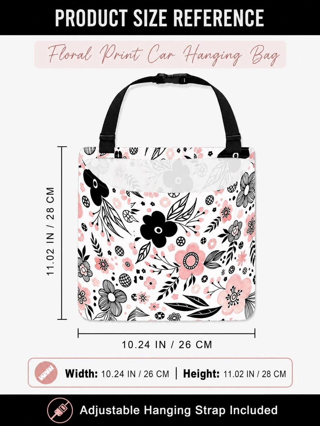 1pc Car Trash Bag, Hanging Car Garbage Storage Bag- Pink And Black Floral Simple Cute Pattern, Kitchen Camping Trash Can, Women's Car Accessories, Car Interior Trash Organizer, Foldable Car Decorativ