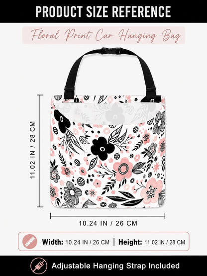 1pc Car Trash Bag, Hanging Car Garbage Storage Bag- Pink And Black Floral Simple Cute Pattern, Kitchen Camping Trash Can, Women's Car Accessories, Car Interior Trash Organizer, Foldable Car Decorativ