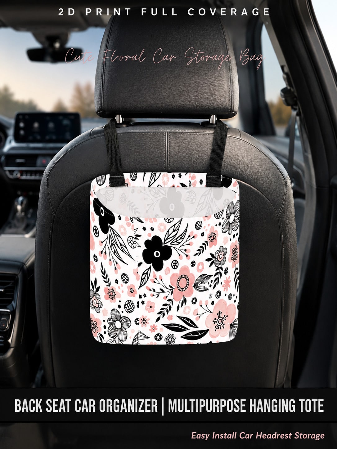 1pc Car Trash Bag, Hanging Car Garbage Storage Bag- Pink And Black Floral Simple Cute Pattern, Kitchen Camping Trash Can, Women's Car Accessories, Car Interior Trash Organizer, Foldable Car Decorativ