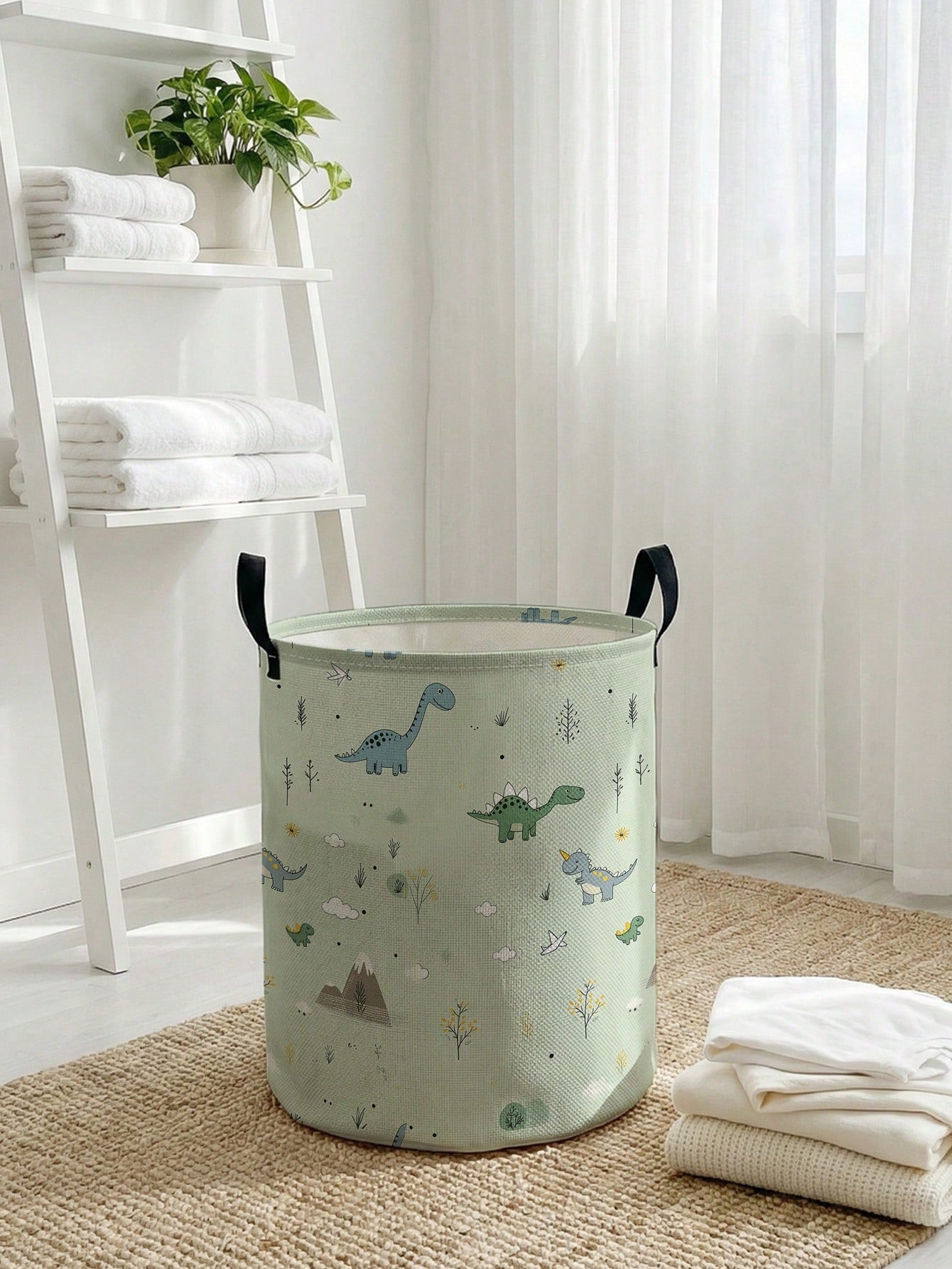 1pc Cartoon Dinosaur Print Foldable Round Storage Basket With Handle, Large Capacity Multi-Purpose Storage Bin For Nursery, Baby Diaper, Clothes, Toys Organization
