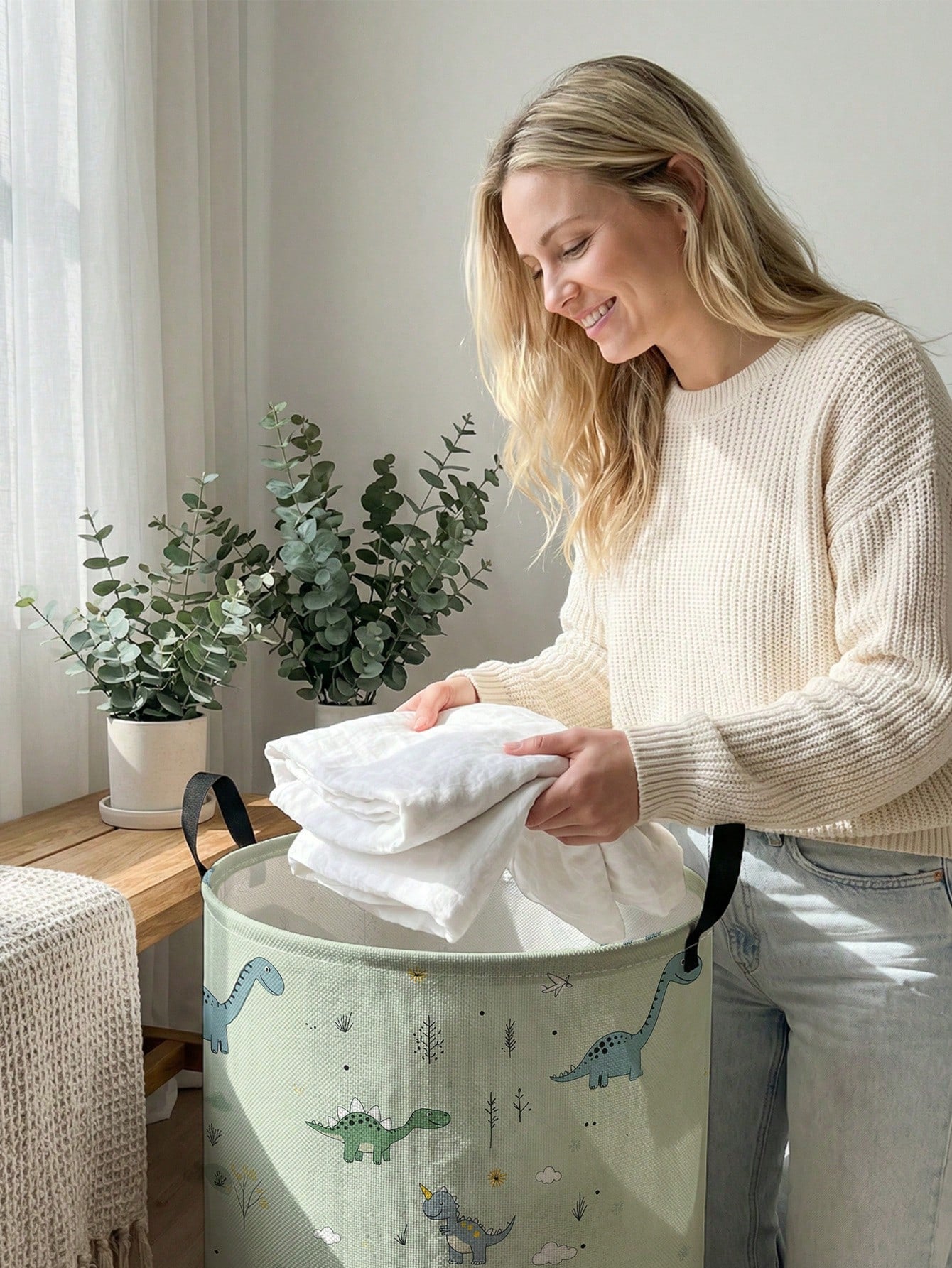 1pc Cartoon Dinosaur Print Foldable Round Storage Basket With Handle, Large Capacity Multi-Purpose Storage Bin For Nursery, Baby Diaper, Clothes, Toys Organization