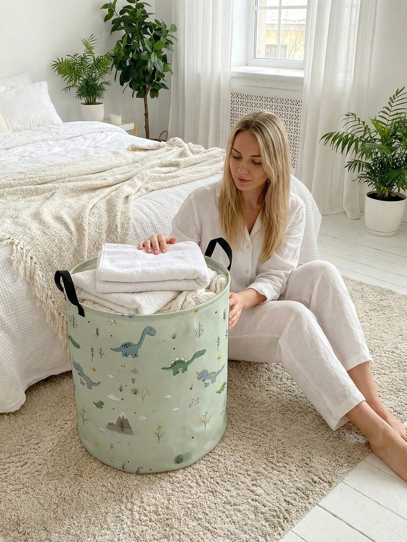1pc Cartoon Dinosaur Print Foldable Round Storage Basket With Handle, Large Capacity Multi-Purpose Storage Bin For Nursery, Baby Diaper, Clothes, Toys Organization