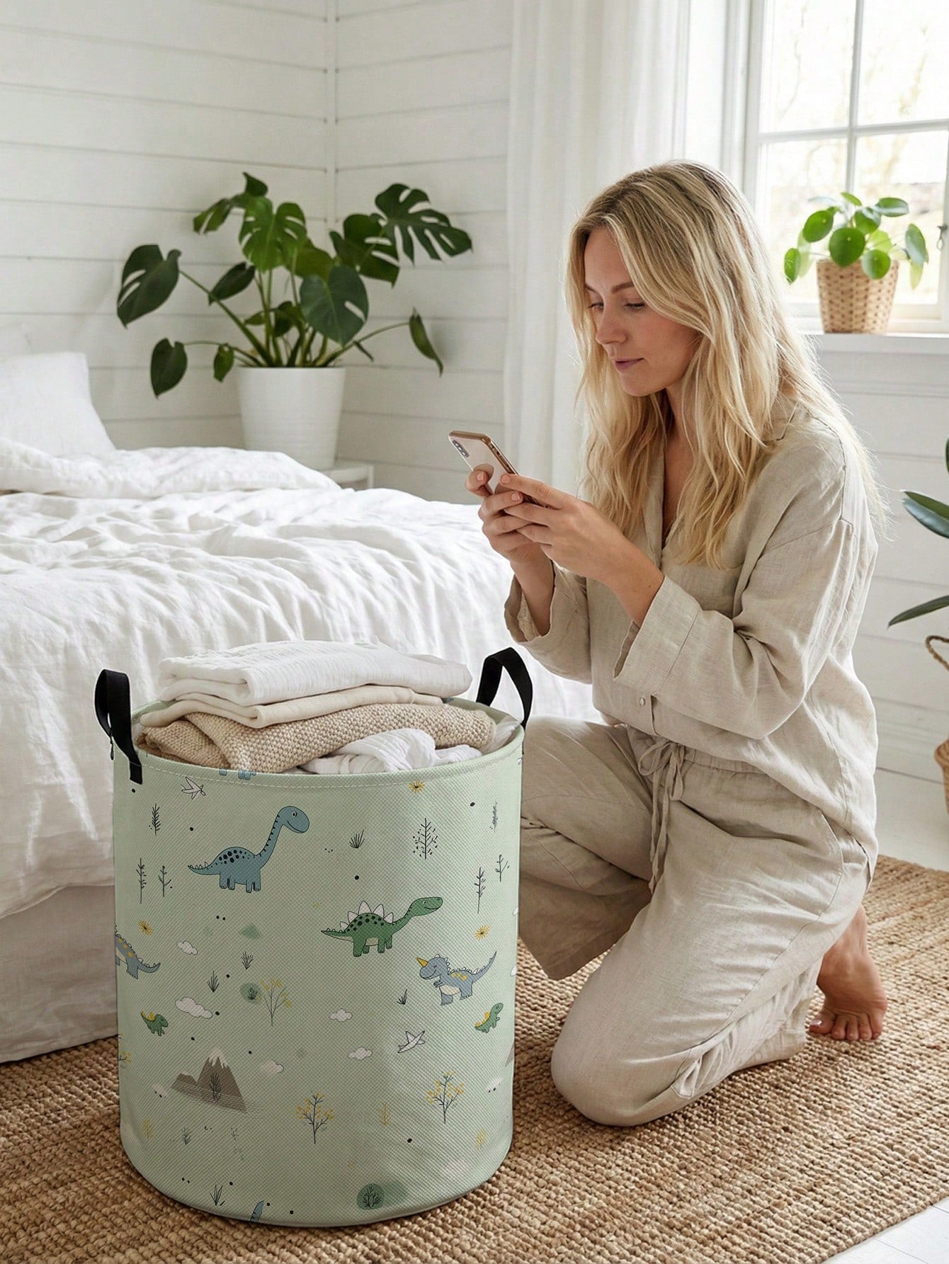 1pc Cartoon Dinosaur Print Foldable Round Storage Basket With Handle, Large Capacity Multi-Purpose Storage Bin For Nursery, Baby Diaper, Clothes, Toys Organization