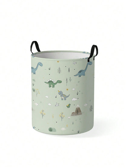 1pc Cartoon Dinosaur Print Foldable Round Storage Basket With Handle, Large Capacity Multi-Purpose Storage Bin For Nursery, Baby Diaper, Clothes, Toys Organization