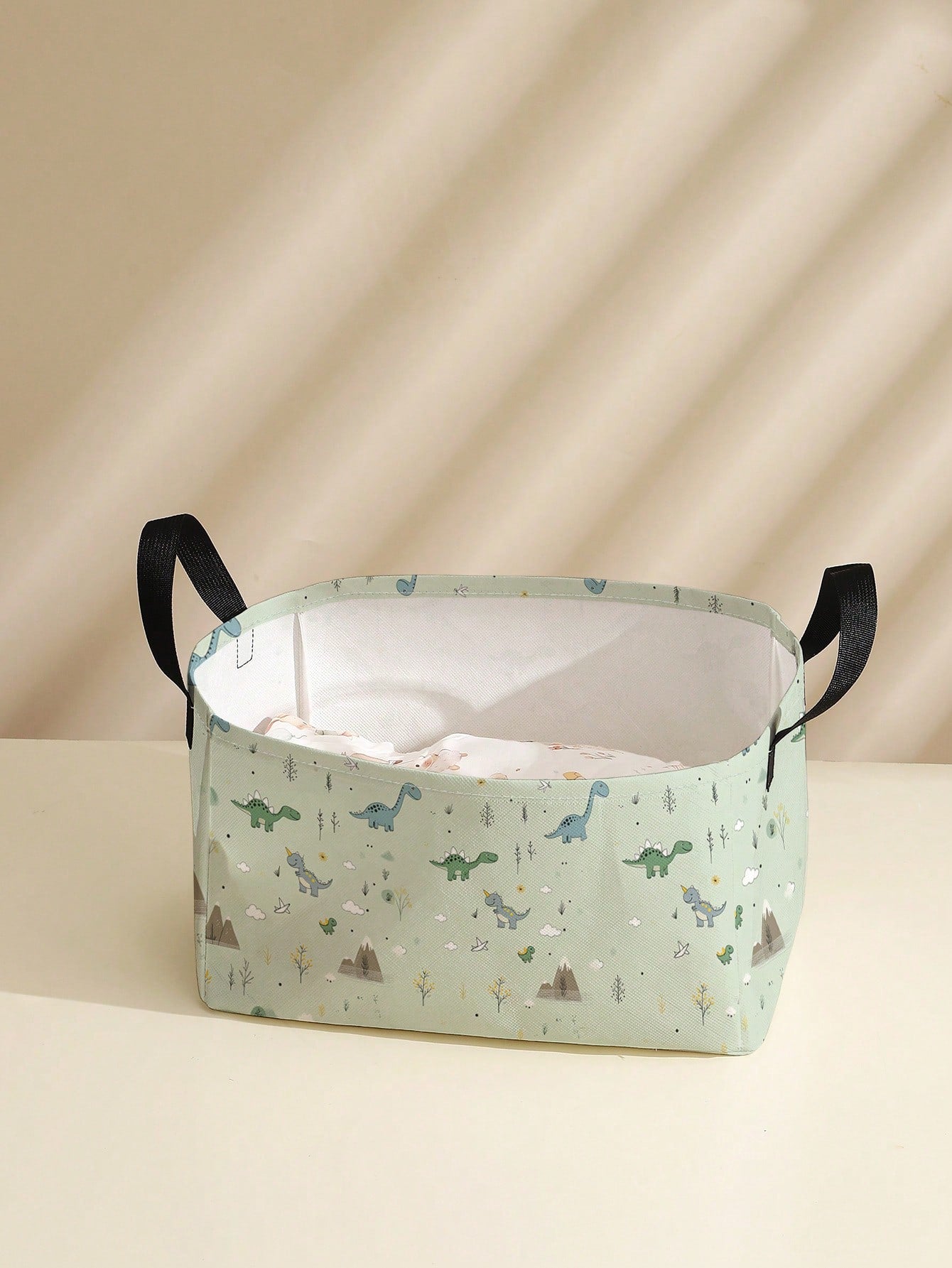 1pc Cartoon Dinosaur Print Foldable Round Storage Basket With Handle, Large Capacity Multi-Purpose Storage Bin For Nursery, Baby Diaper, Clothes, Toys Organization