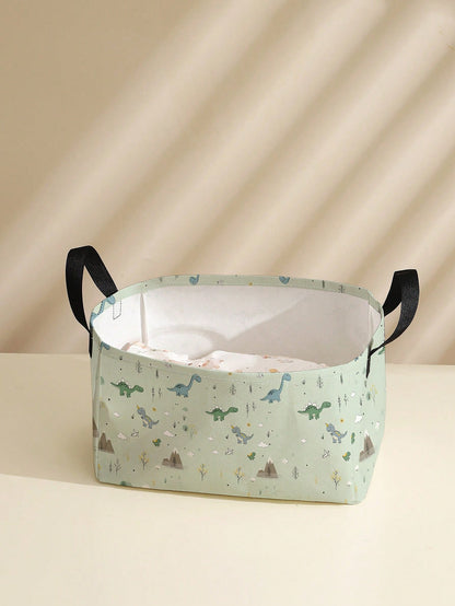 1pc Cartoon Dinosaur Print Foldable Round Storage Basket With Handle, Large Capacity Multi-Purpose Storage Bin For Nursery, Baby Diaper, Clothes, Toys Organization