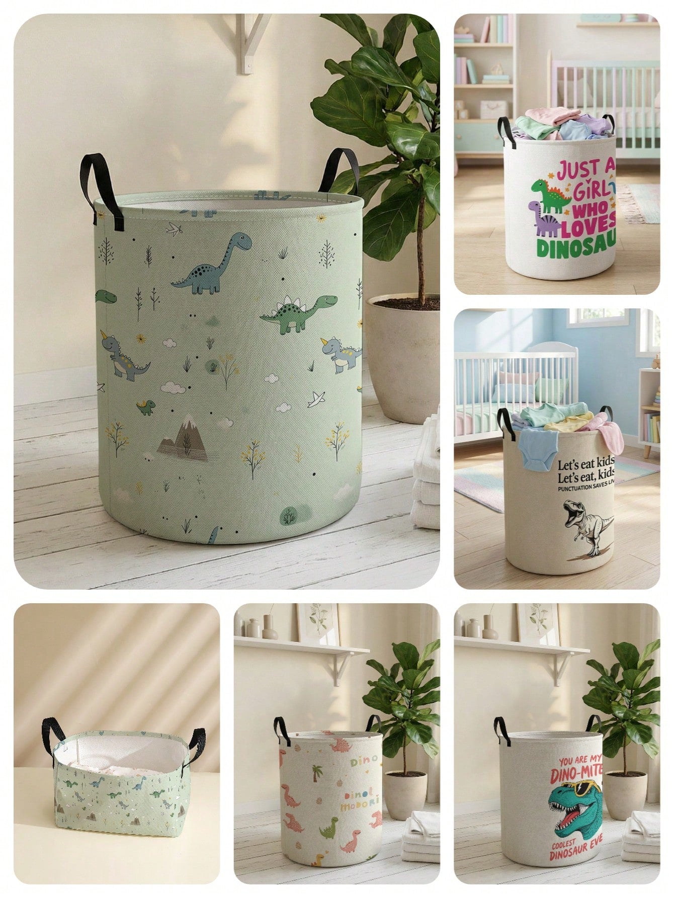 1pc Cartoon Dinosaur Print Foldable Round Storage Basket With Handle, Large Capacity Multi-Purpose Storage Bin For Nursery, Baby Diaper, Clothes, Toys Organization