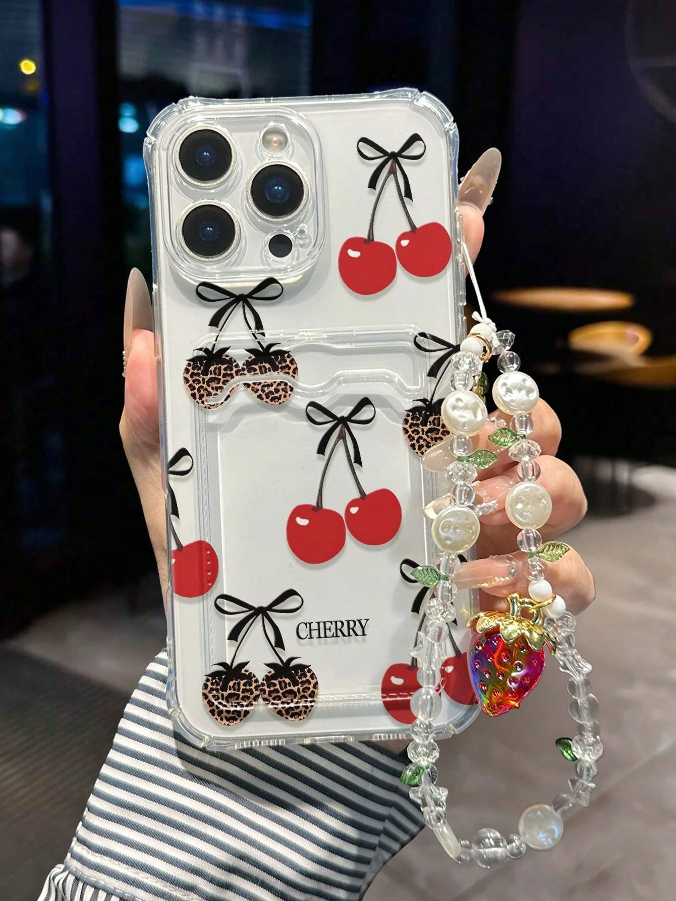 1pc Cherry Painted Transparent Card Holder Multifunctional Wallet With Wrist Strap, Thick Shockproof Phone Case Compatible With IPhone 17/17Pro/17ProMax, 16/11/16Pro/16Plus/16ProMax/16e, 15ProMax, 13