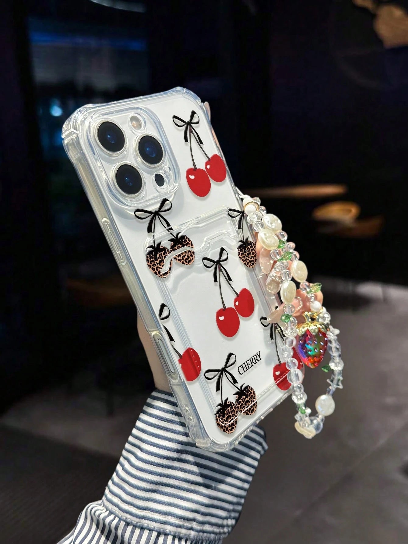1pc Cherry Painted Transparent Card Holder Multifunctional Wallet With Wrist Strap, Thick Shockproof Phone Case Compatible With IPhone 17/17Pro/17ProMax, 16/11/16Pro/16Plus/16ProMax/16e, 15ProMax, 13