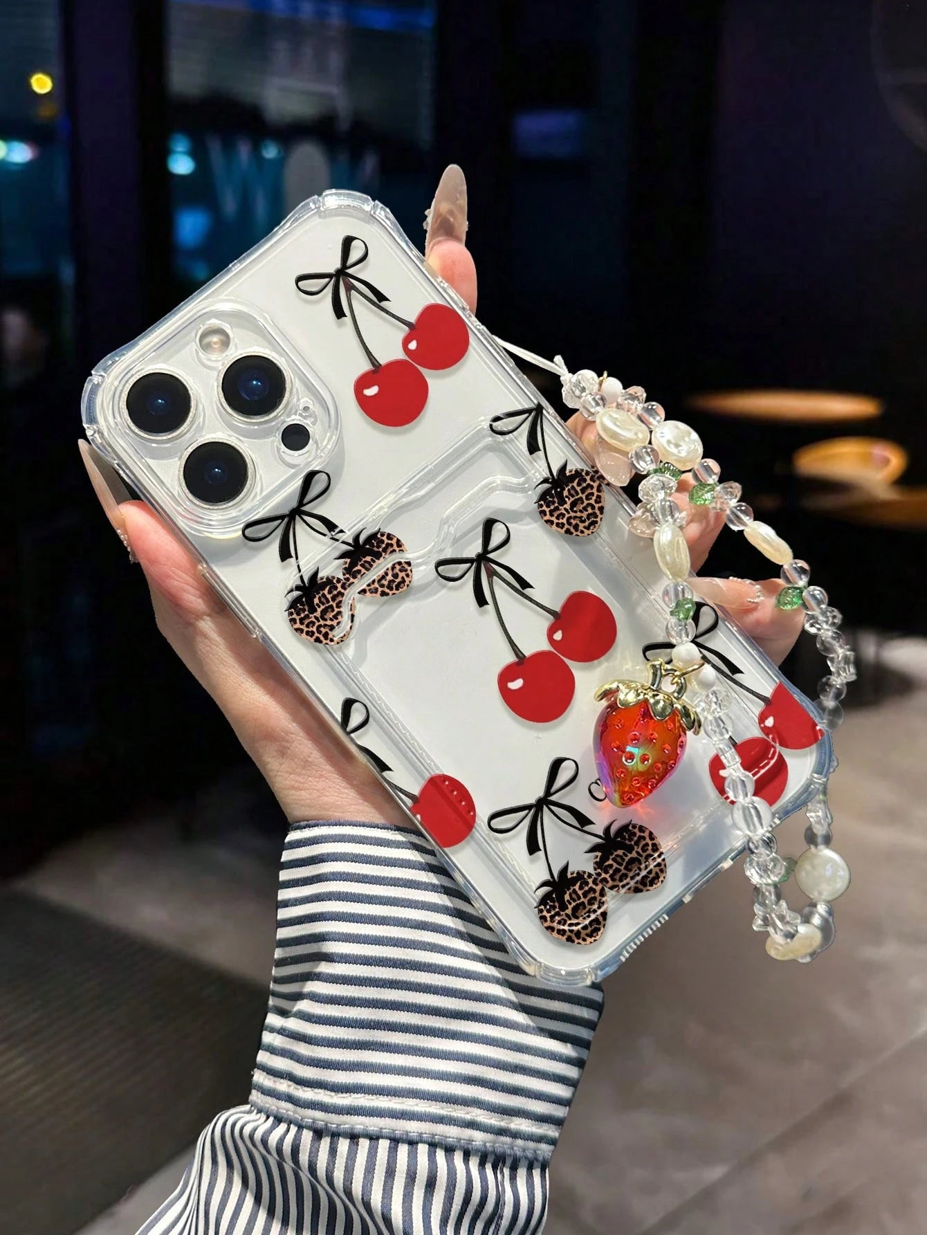 1pc Cherry Painted Transparent Card Holder Multifunctional Wallet With Wrist Strap, Thick Shockproof Phone Case Compatible With IPhone 17/17Pro/17ProMax, 16/11/16Pro/16Plus/16ProMax/16e, 15ProMax, 13