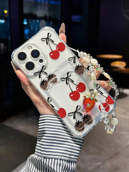 1pc Cherry Painted Transparent Card Holder Multifunctional Wallet With Wrist Strap, Thick Shockproof Phone Case Compatible With IPhone 17/17Pro/17ProMax, 16/11/16Pro/16Plus/16ProMax/16e, 15ProMax, 13