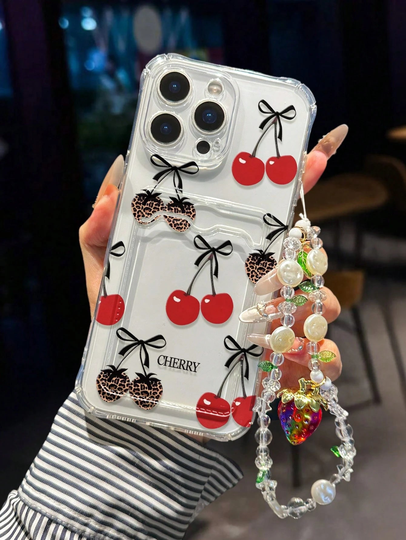 1pc Cherry Painted Transparent Card Holder Multifunctional Wallet With Wrist Strap, Thick Shockproof Phone Case Compatible With IPhone 17/17Pro/17ProMax, 16/11/16Pro/16Plus/16ProMax/16e, 15ProMax, 13