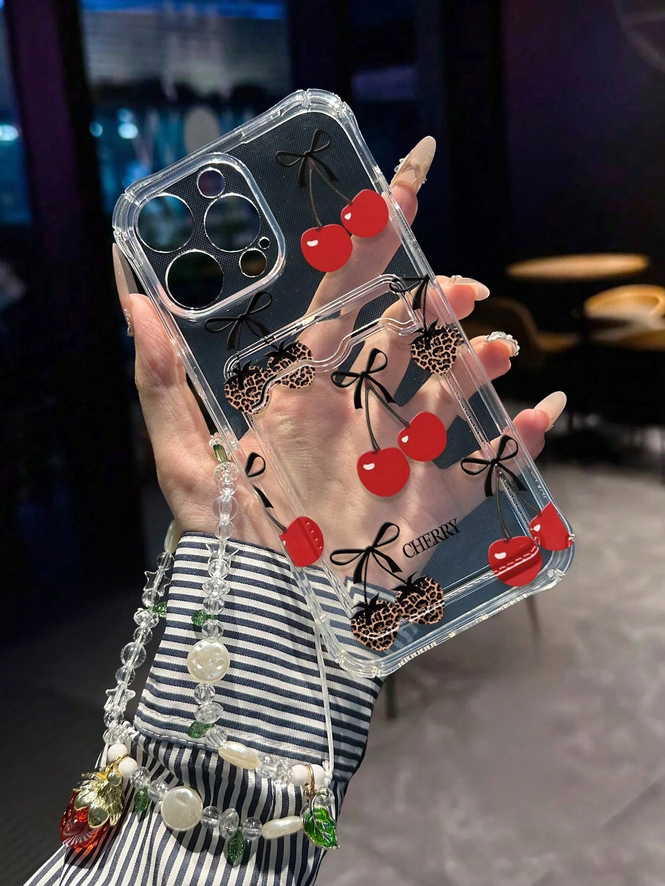 1pc Cherry Painted Transparent Card Holder Multifunctional Wallet With Wrist Strap, Thick Shockproof Phone Case Compatible With IPhone 17/17Pro/17ProMax, 16/11/16Pro/16Plus/16ProMax/16e, 15ProMax, 13