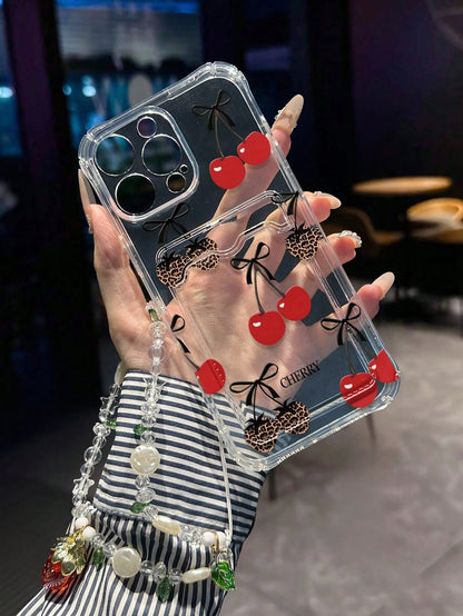 1pc Cherry Painted Transparent Card Holder Multifunctional Wallet With Wrist Strap, Thick Shockproof Phone Case Compatible With IPhone 17/17Pro/17ProMax, 16/11/16Pro/16Plus/16ProMax/16e, 15ProMax, 13