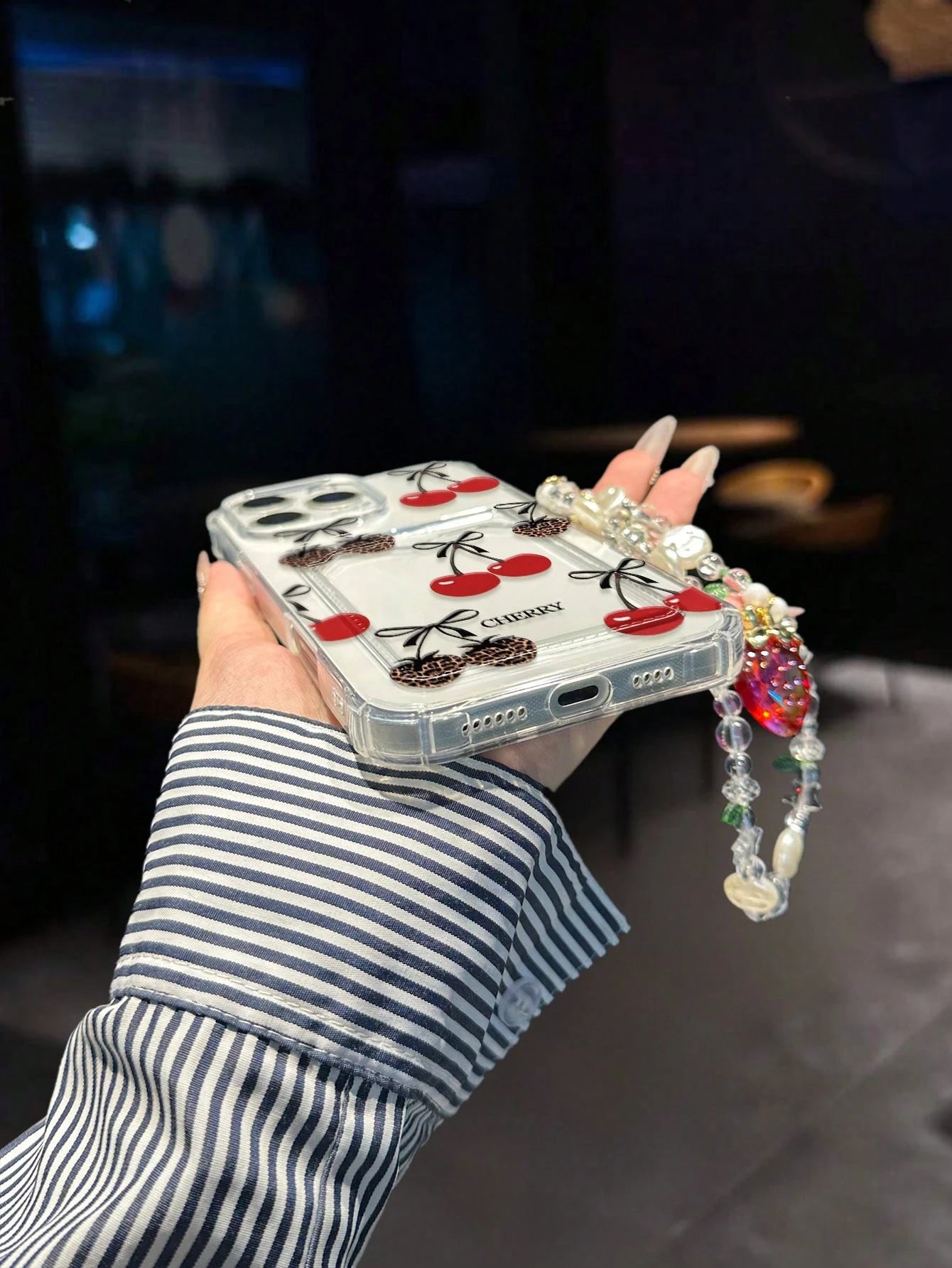 1pc Cherry Painted Transparent Card Holder Multifunctional Wallet With Wrist Strap, Thick Shockproof Phone Case Compatible With IPhone 17/17Pro/17ProMax, 16/11/16Pro/16Plus/16ProMax/16e, 15ProMax, 13