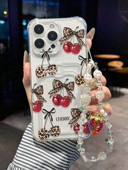 1pc Cherry Painted Transparent Card Holder Multifunctional Wallet With Wrist Strap, Thick Shockproof Phone Case Compatible With IPhone 17/17Pro/17ProMax, 16/11/16Pro/16Plus/16ProMax/16e, 15ProMax, 13