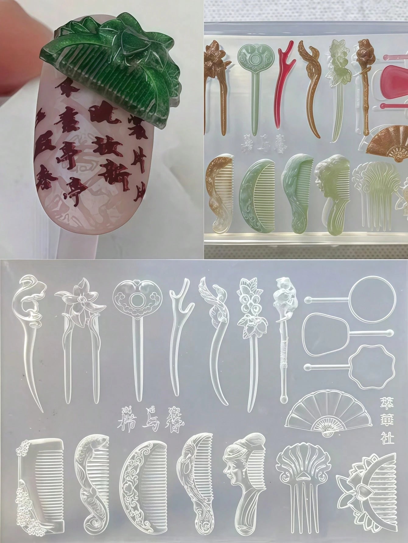 1pc Chinese Style Comb, Frog Button, Kingfisher Hairpin, Fan 3D Nail Art Decor Silicone Mold