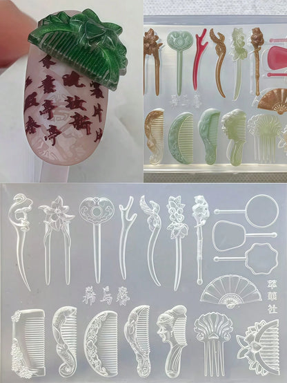 1pc Chinese Style Comb, Frog Button, Kingfisher Hairpin, Fan 3D Nail Art Decor Silicone Mold