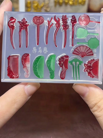 1pc Chinese Style Comb, Frog Button, Kingfisher Hairpin, Fan 3D Nail Art Decor Silicone Mold