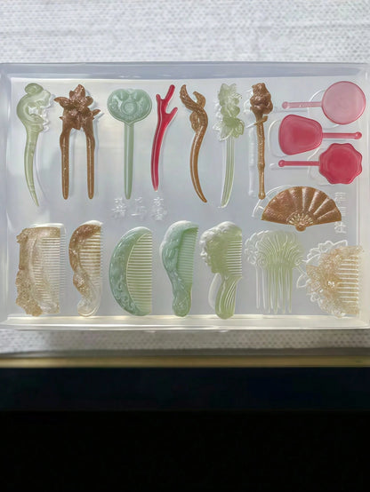 1pc Chinese Style Comb, Frog Button, Kingfisher Hairpin, Fan 3D Nail Art Decor Silicone Mold